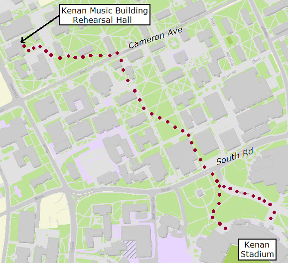 Campus map showing path from Kenan Stadium to Kenan Music Building