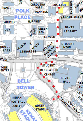 Campus map showing path from Kenan Stadium to Hamilton/Pauli Murray Hall